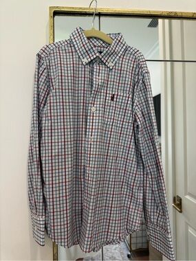 johnnie-O White Button-Down Shirt with Blue & Red Plaid